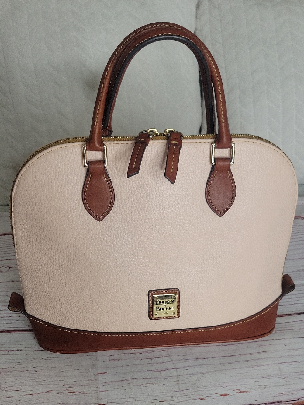 Dooney & Bourke Zip Zip Satchel Blush and Brown Pebble Leather Dome Satchel
